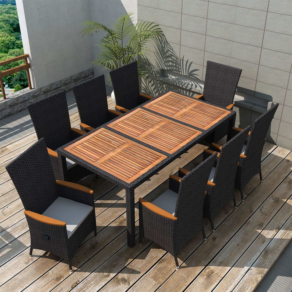 udendørs spisebordssæt 9 dele polyrattan akacietræ sort